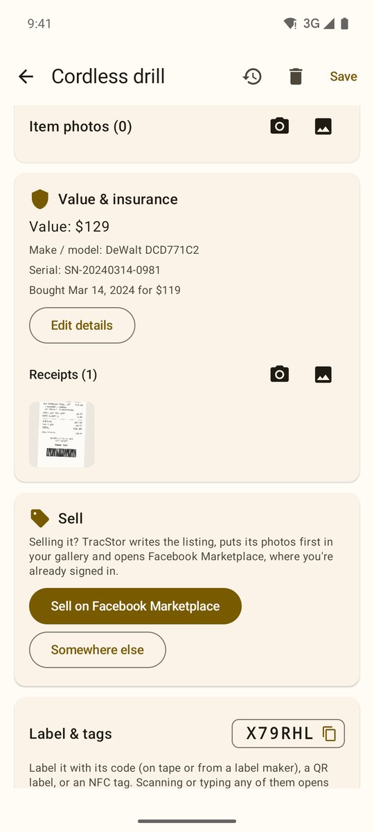 TracStor item screen for a cordless drill: Value & insurance card with value $129, make and model, serial number, bought Mar 14, 2024 for $119, and one receipt photo; below it the Sell card