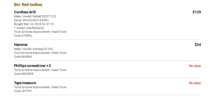 Report page listing the Red toolbox: Cordless drill $129 with make, model, serial number, purchase date and price and 1 receipt; Hammer $24; two items marked No value