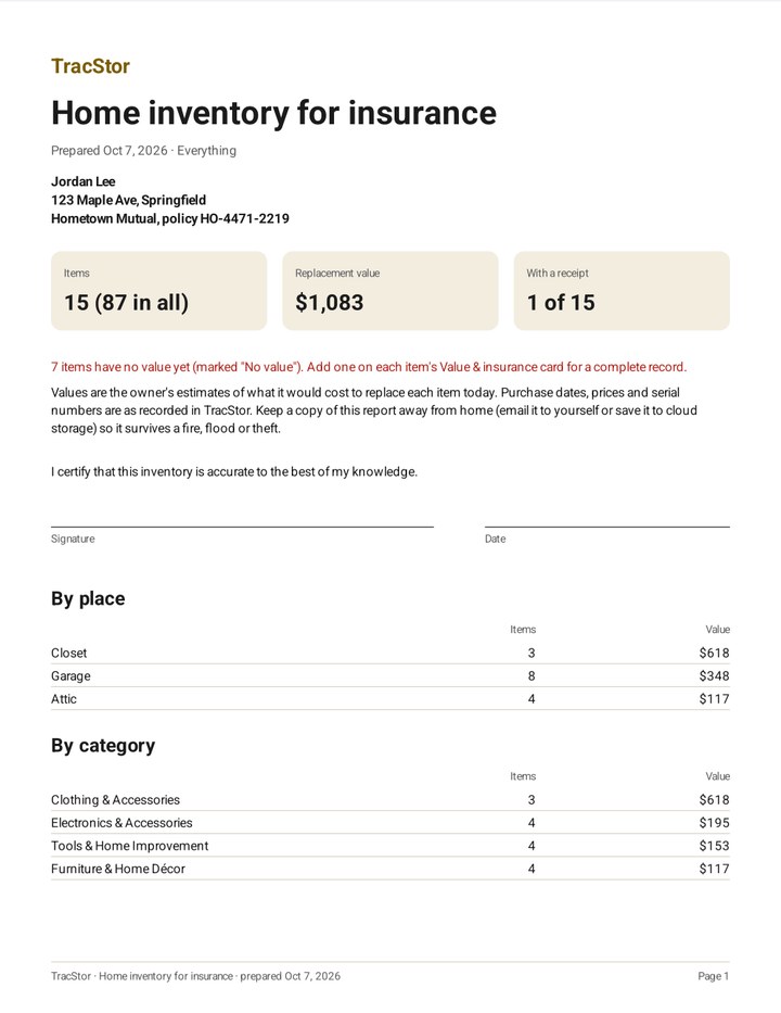 Report cover: totals, items without a value, signature line, totals by place and category