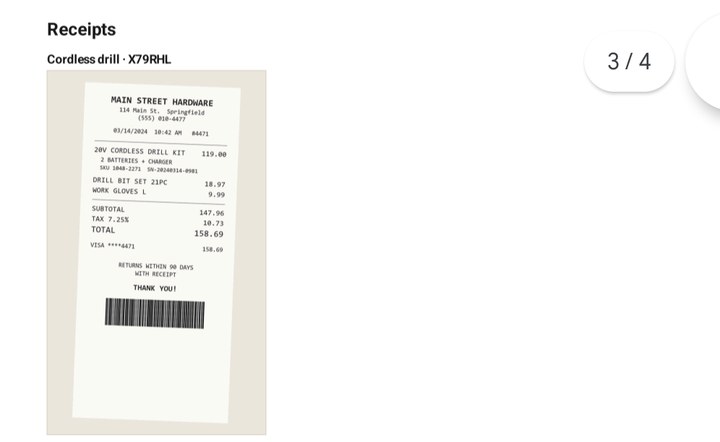 Report Receipts page with a photographed store receipt for the cordless drill