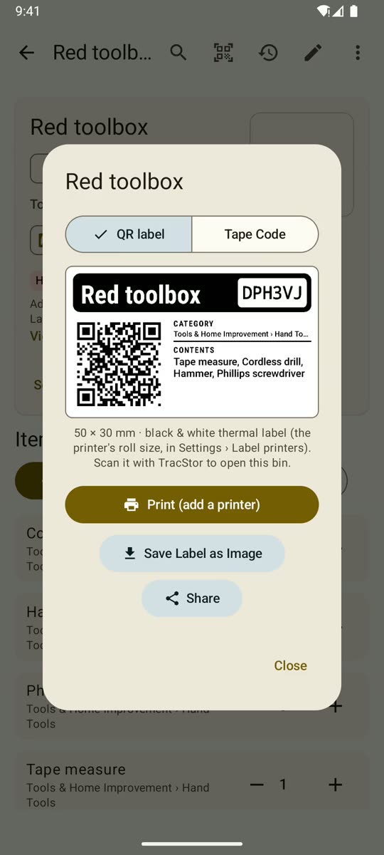 TracStor's label dialog for a bin called Red toolbox, showing the printed label with name, code, QR code and contents, with Print, Save label as image and Share buttons