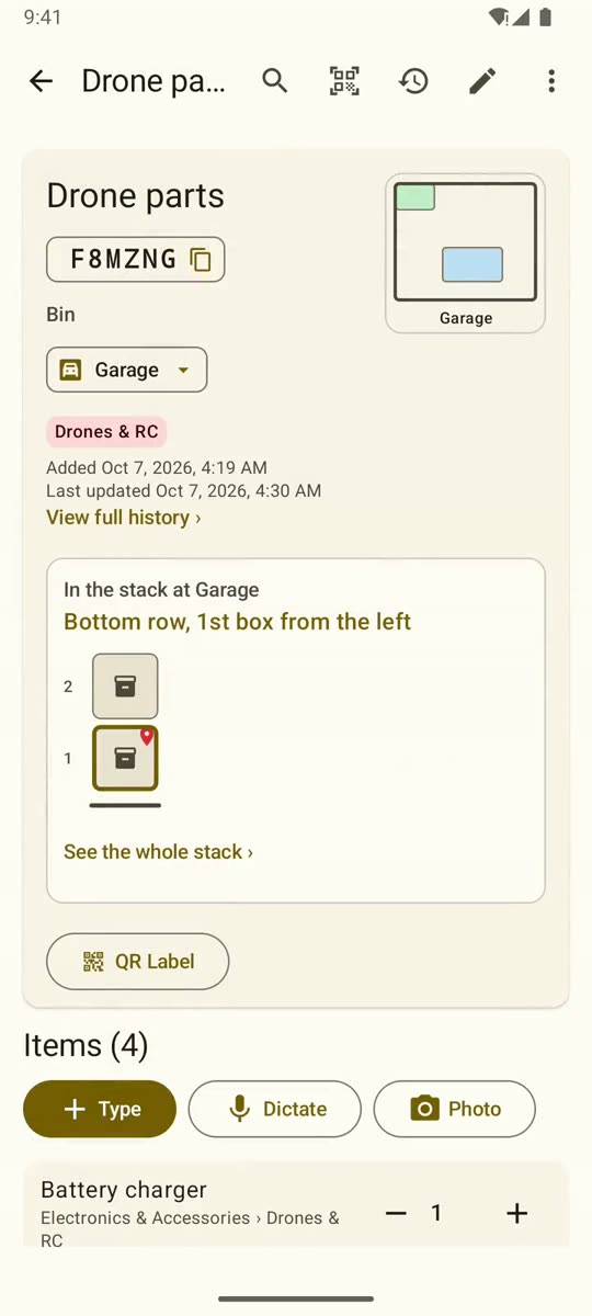 TracStor item screen showing In the stack at Garage: Bottom row, 1st box from the left, with a small stack diagram and the box pinned